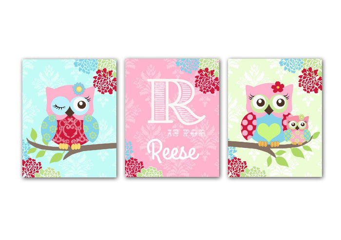 Personalized Floral Owl Kids Room Decor - Unframed Prints - Set of 3