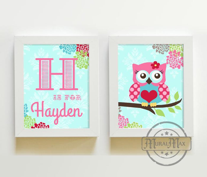 Personalized Floral Owl Nursery Art - Unframed Prints - Set of 2-Hot Pink Aqua Decor