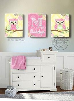 Personalized Floral Owl Nursery Decor - Whimsical Owl Baby Girl Room Decor - Set of 3-MuralMax Interiors