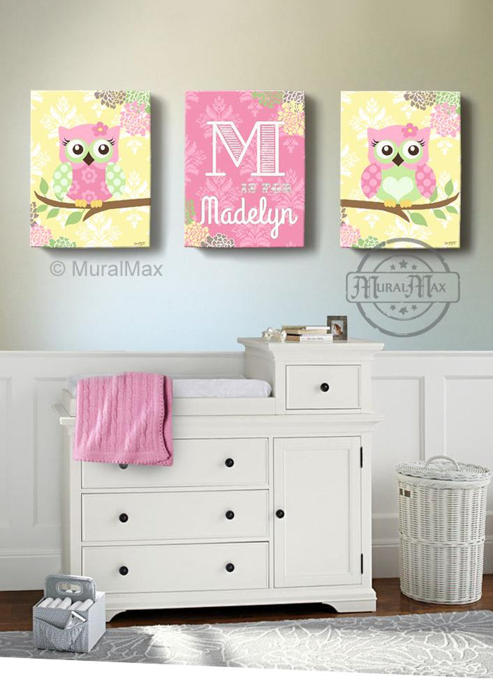 Personalized Floral Owl Nursery Decor - Whimsical Owl Baby Girl Room Decor - Set of 3