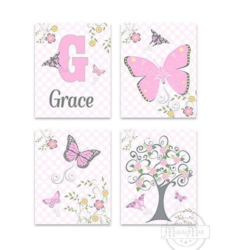 Personalized Flowers & Butterfly Nursery Art For Girls - Set of 4 - Unframed Prints-B01CRT80TO