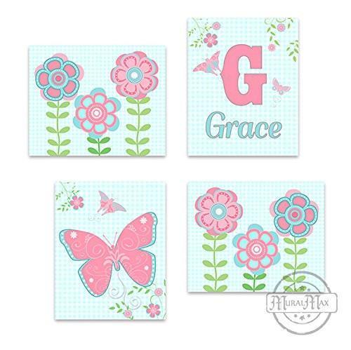 Personalized Flowers & Butterfly Theme - Set of 4 - Unframed Prints-B01CRT9P6Q