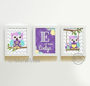 Personalized Girl Nursery Decor - Purple Owl Nursery Art - Unframed Prints - Set of 3-MuralMax Interiors