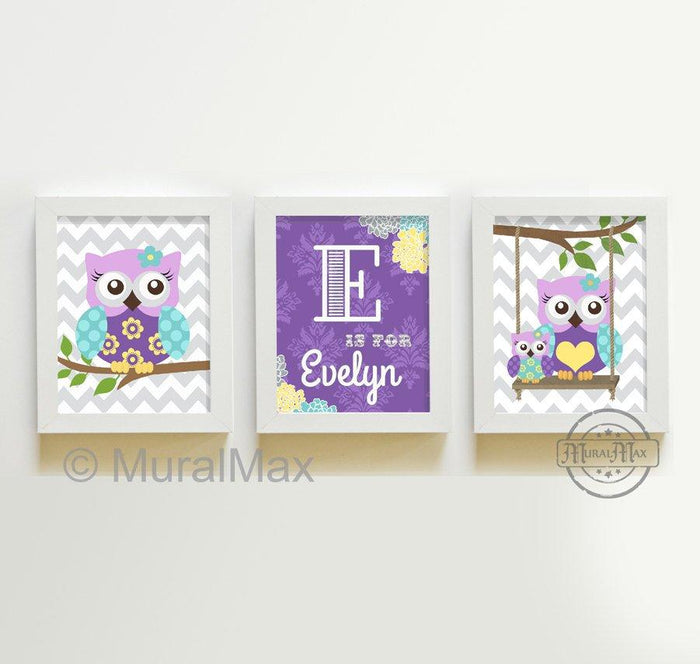 Personalized Girl Nursery Decor - Purple Owl Nursery Art - Unframed Prints - Set of 3