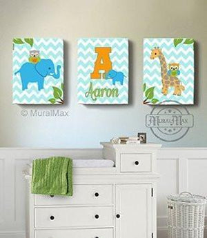 Personalized Kids Room Decor - Blue Orange Elephant & Giraffe Decor - Set of 3 - Canvas Art-MuralMax Interiors