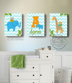 Personalized Kids Room Decor - Blue Orange Elephant & Giraffe Decor - Set of 3 - Canvas Art-MuralMax Interiors