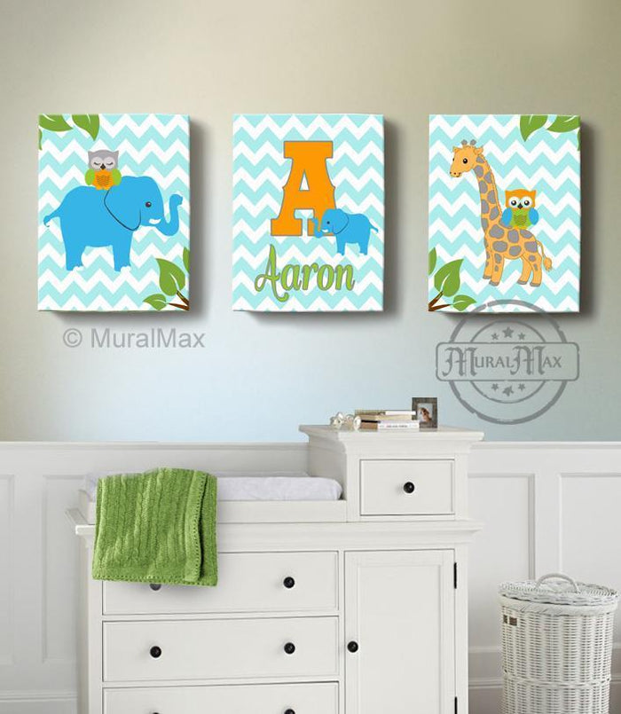 Personalized Kids Room Decor - Blue Orange Elephant & Giraffe Decor - Set of 3 - Canvas Art