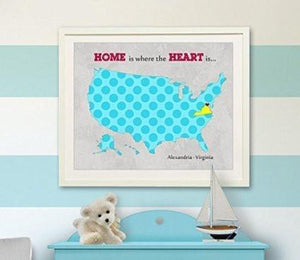 Personalized Kids Wall Art - USA MAP - Home Is Where The Heart Is - Unframed Print-B018KOAMEQ-MuralMax Interiors