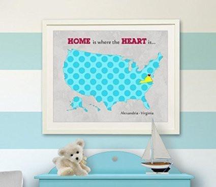 Personalized Kids Wall Art - USA MAP - Home Is Where The Heart Is - Unframed Print-B018KOAMEQ
