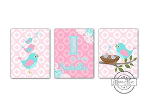 Personalized Love Birds Baby Girl Nursery Prints - Unframed Prints - Set of 3-B018KODK3Q-MuralMax Interiors