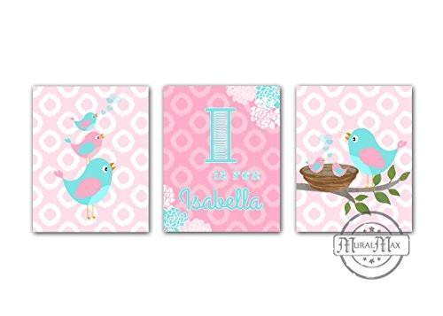 Personalized Love Birds Baby Girl Nursery Prints - Unframed Prints - Set of 3-B018KODK3Q