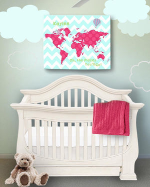 Personalized Map Girl Room Canvas Art - Dr Seuss Nursery Decor - Canvas World Map Collection - Oh The Places You'll Go-B071W2RK6Y-MuralMax Interiors