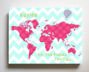 Personalized Map Girl Room Canvas Art - Dr Seuss Nursery Decor - Canvas World Map Collection - Oh The Places You'll Go-B071W2RK6Y-MuralMax Interiors