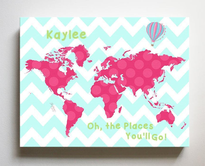 Personalized Map Girl Room Canvas Art - Dr Seuss Nursery Decor - Canvas World Map Collection - Oh The Places You'll Go-B071W2RK6Y