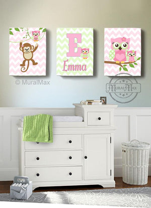 Personalized Monkey & Owls Canvas Decor - Girl Room Decor - Set of 3-Pink Green Wall Art-MuralMax Interiors