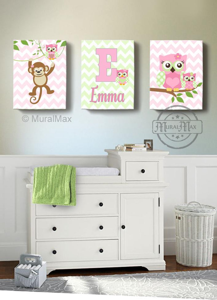 Personalized Monkey & Owls Canvas Decor - Girl Room Decor - Set of 3-Pink Green Wall Art