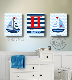 Personalized Nautical Sailboat Nursery Art - Nautical Boy Room Decor Canvas Art - Set of 2-Navy &amp; Red DecorBaby ProductMuralMax Interiors