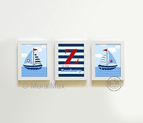 Personalized Nautical Sailboat Striped Theme - Unframed Prints - Set of 3-B018KOB7IG