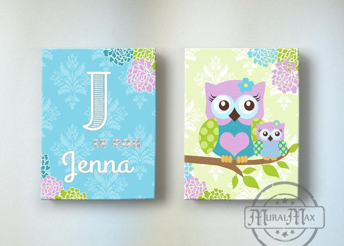 Personalized Nursery Art - Floral Owl Girl Room Decor - Purple & Blue Canvas Decor - Set of 2