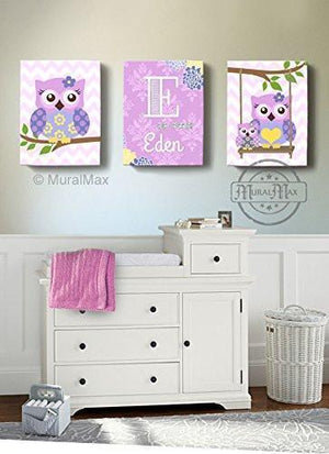 Personalized Nursery Art - Lilac Purple Owl Girl Room Decor - Canvas Art - Set of 3-MuralMax Interiors