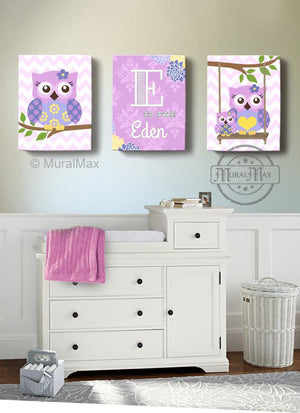 Personalized Nursery Art - Lilac Purple Owl Girl Room Decor - Canvas Art - Set of 3-MuralMax Interiors