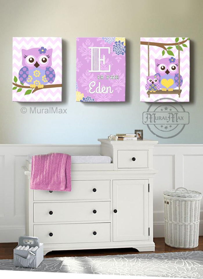 Personalized Nursery Art - Lilac Purple Owl Girl Room Decor - Canvas Art - Set of 3