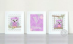 Personalized Nursery Art - Owl & Baby Name - Unframed Prints - Set of 3-Purple Gray Decor-MuralMax Interiors