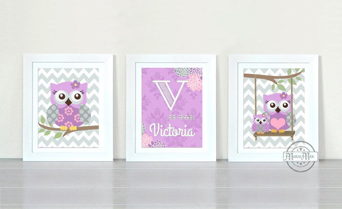 Personalized Nursery Art - Owl & Baby Name - Unframed Prints - Set of 3-Purple Gray Decor