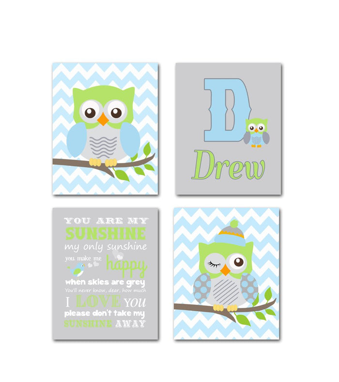 Personalized Nursery Art - Owl Inspirational Quote - Set of 4 - Unframed Prints
