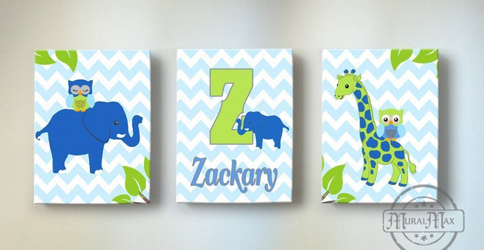Personalized Nursery Decor Elephant & Giraffe Boys Room Decor - Set of 3