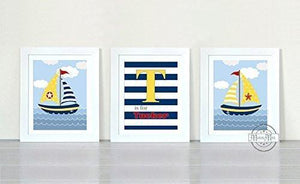Personalized Nursery Nautical Sailboat Theme - Striped Unframed Prints - Set of 3-B018KOBXBC-MuralMax Interiors