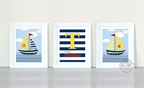 Personalized Nursery Nautical Sailboat Theme - Striped Unframed Prints - Set of 3-B018KOBXBC