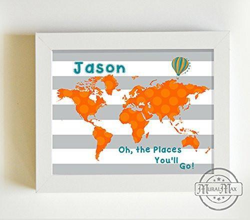 Personalized Oh The Places You'll Go Baby Boy Nursery Decor Global Map Theme - Unframed Print-B01CRT8OPE
