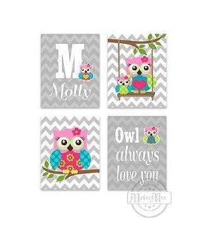 Personalized Owl Always Love You Nursery Art - Chevron Unframed Prints - Set of 4 - Turquoise Pink Gray-MuralMax Interiors