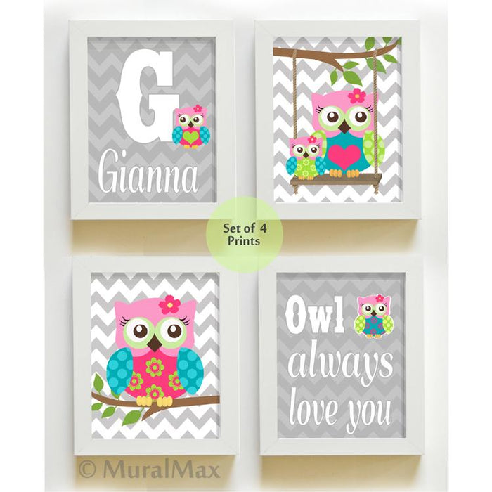Personalized Owl Always Love You Nursery Art - Chevron Unframed Prints - Set of 4 - Turquoise Pink Gray