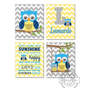 Personalized Owl Art - You Are My Sunshine Nursery Decor - Set of 4 - Unframed Prints - Blue Yellow Decor-MuralMax Interiors