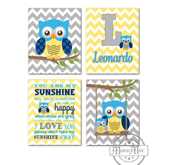 Personalized Owl Art - You Are My Sunshine Nursery Decor - Set of 4 - Unframed Prints - Blue Yellow Decor
