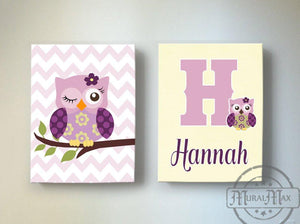 Personalized Owl Baby Girl Nursery Art - Canvas Wall Art - Set of 2 Plum Purple Decor-MuralMax Interiors