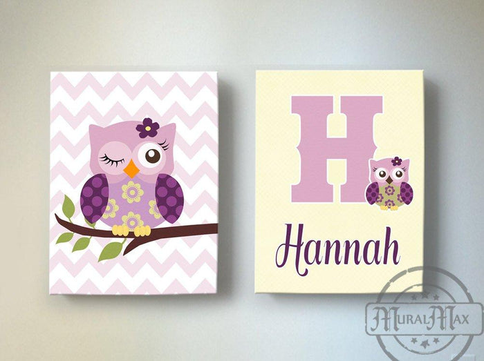 Personalized Owl Baby Girl Nursery Art - Canvas Wall Art - Set of 2 Plum Purple Decor