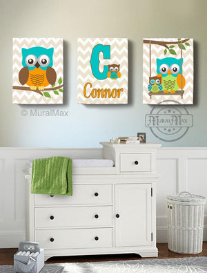 Personalized Owl Boy Nursery Decor - Chevron Canvas Art Decor - Set of 3-Turquoise Orange Brown-MuralMax Interiors