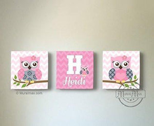 Personalized Owl Canvas Art - Set of 3 - Girls Room Pink & Gray Decor-MuralMax Interiors