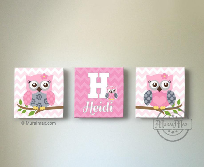 Personalized Owl Canvas Art - Set of 3 - Girls Room Pink & Gray Decor