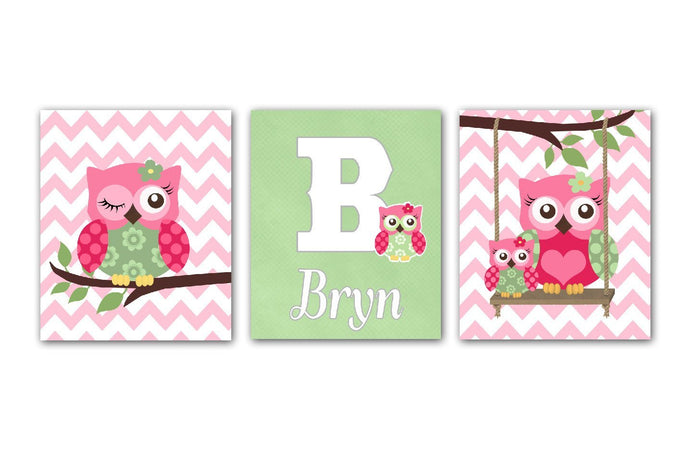 Personalized Owl Family Girl Nursery - Chevron Unframed Prints-Pink Sage Wall Art