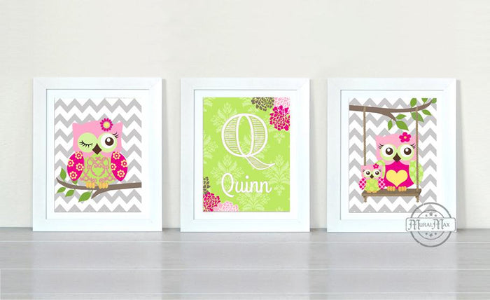 Personalized Owl Hot Pink Lime Nursery Prints - Unframed Prints - Set of 3