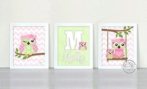 Personalized Owl Nursery Art - Baby Pink Green Owl Art = Unframed Prints - Set of 3-MuralMax Interiors