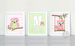 Personalized Owl Nursery Art - Baby Pink Green Owl Art = Unframed Prints - Set of 3-MuralMax Interiors