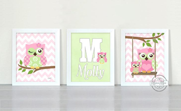 Personalized Owl Nursery Art - Baby Pink Green Owl Art = Unframed Prints - Set of 3