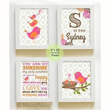 Personalized Polka Dot Love Birds Theme - You Are My Sunshine Collection - Unframed Prints - Set of 4-B018KODOA0