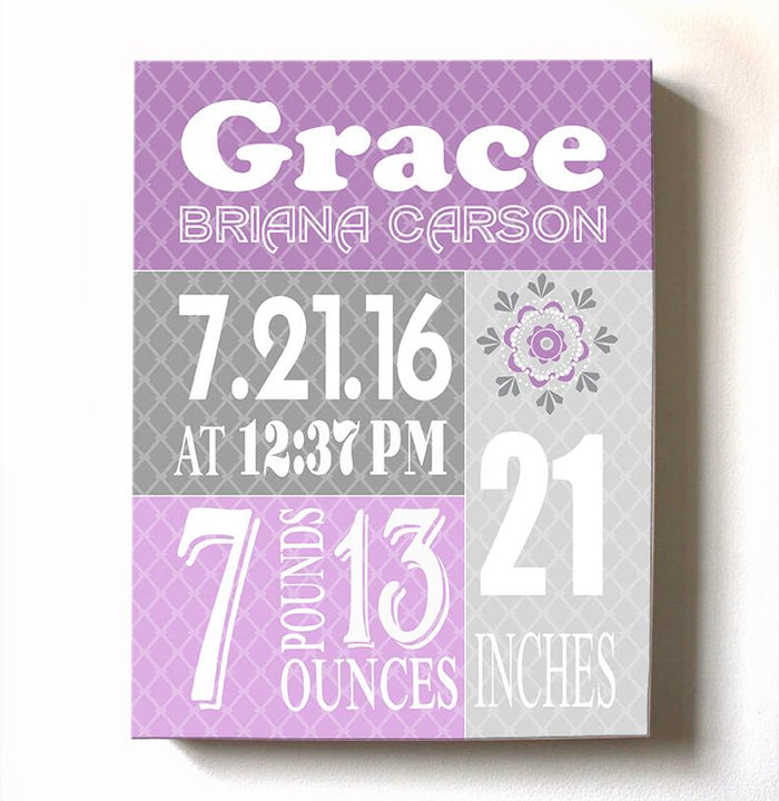 Personalized Stretched Canvas Birth Announcement Gift, Custom Baby Name, Date, Weight Stats