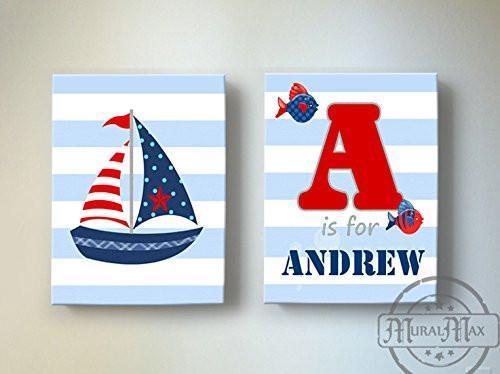 Personalized - Striped Nautical Sailboat Theme - Canvas Nursery Boating Collection - Set of 2-B019018KP6
